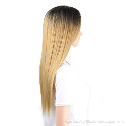 Vigorous Straight Ombre Black to Blonde Wig Middle Part Synthetic Hair Wigs for Women Heat Resistant Fiber Real Natural
